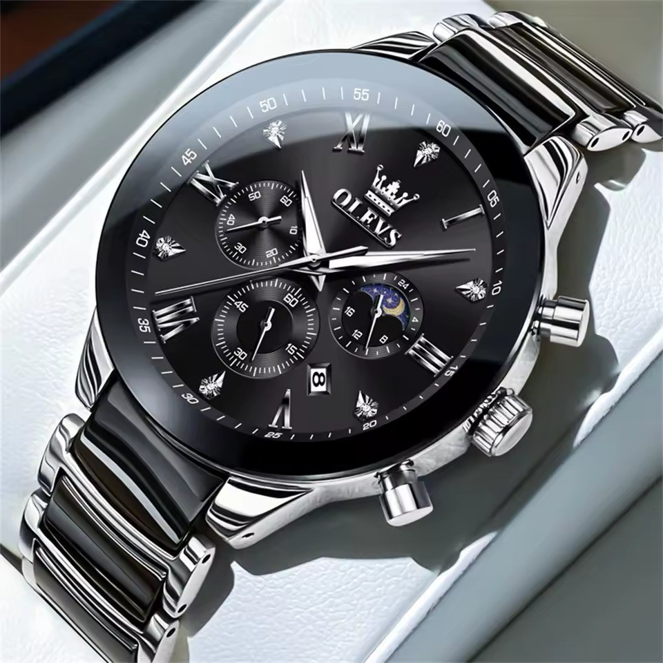 OLEVS 7004 Silver Men’s Quartz Watch | Waterproof Luminous Moon Phase Ceramic & Stainless Steel Strap
