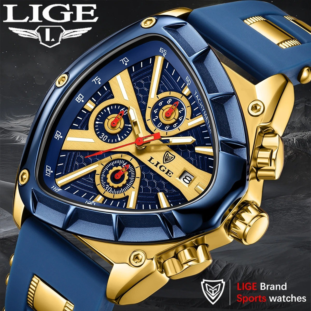 LIGE 89103 Blue Luxury Triangular Dial Chronograph Sports Silicone Wrist Watch for Men