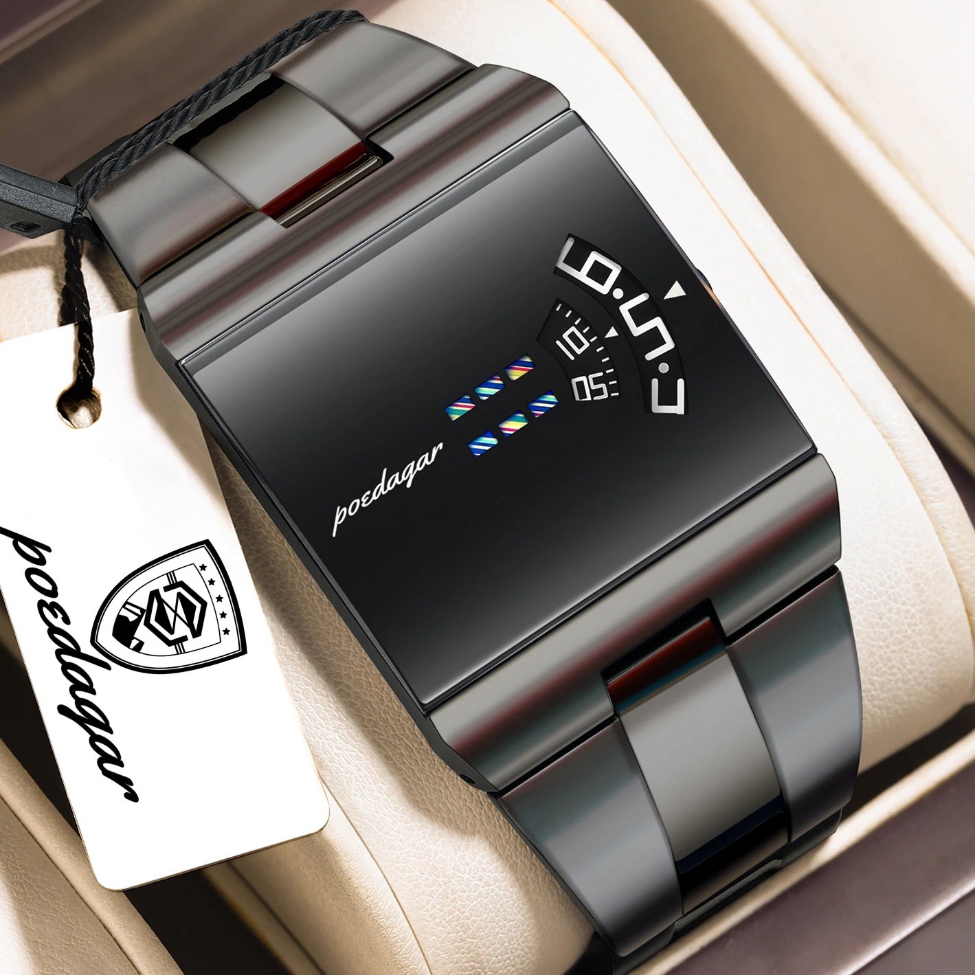 POEDAGAR Rectangle Men’s Quartz Watch – Waterproof Stainless Steel Sports Watch