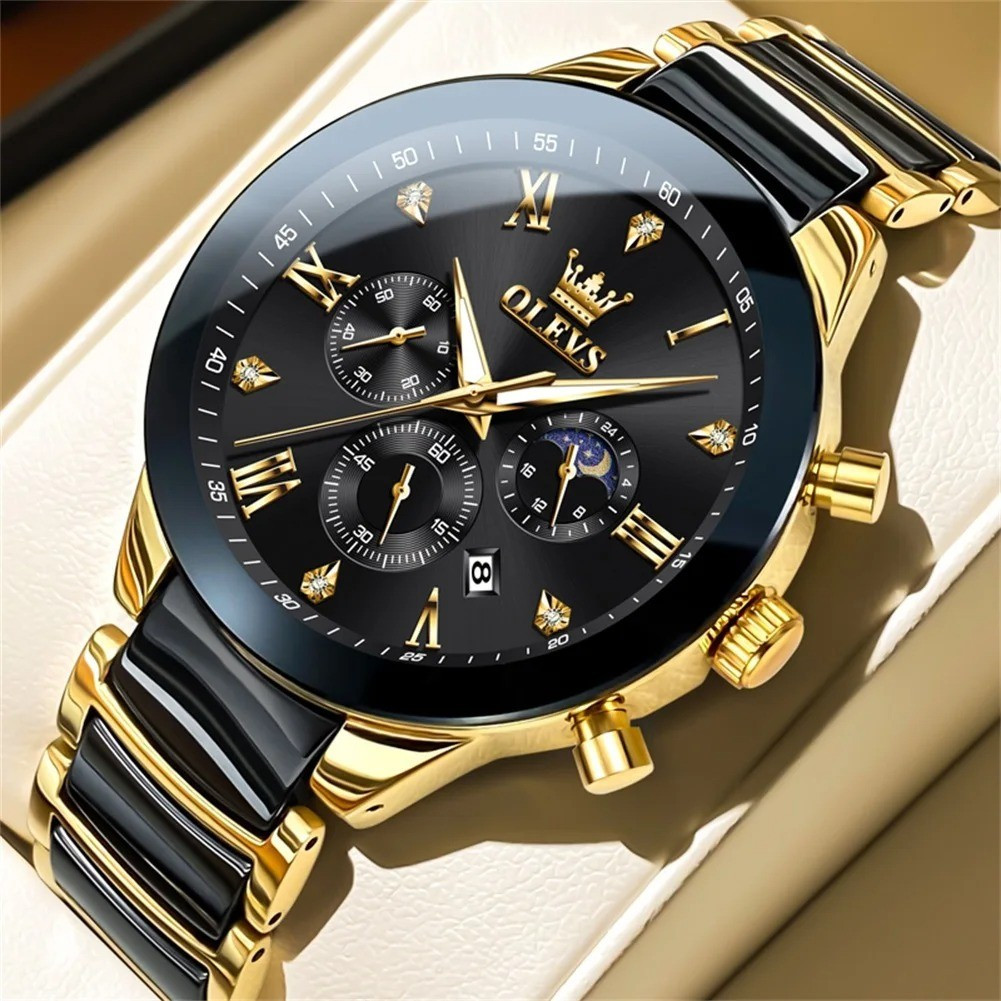 OLEVS 7004 Men’s Quartz Watch | Waterproof Luminous Moon Phase Ceramic & Stainless Steel Strap