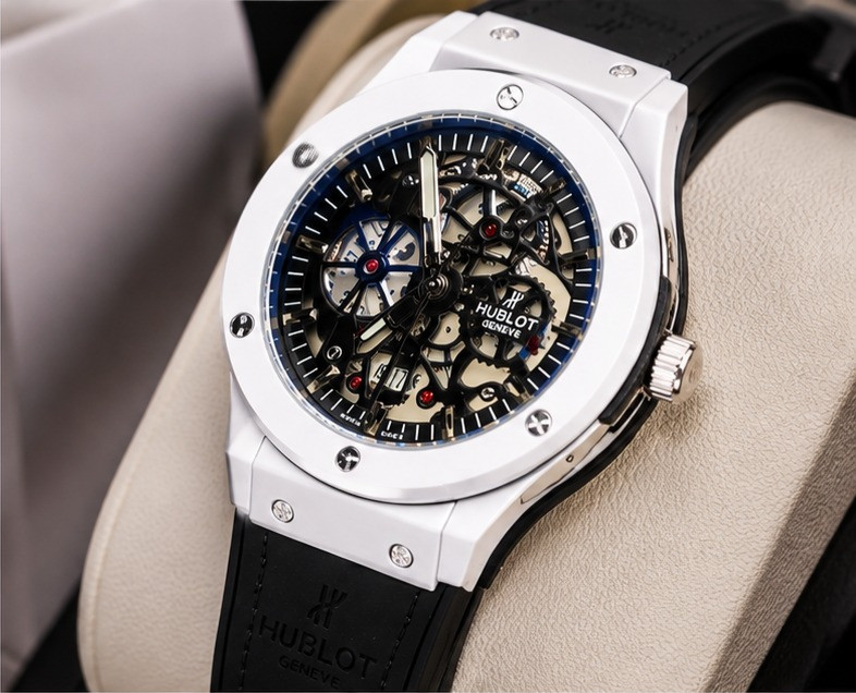 Hublot Geneve Skeleton Automatic Men's Watch – White Ceramic Luxury Rubber Strap