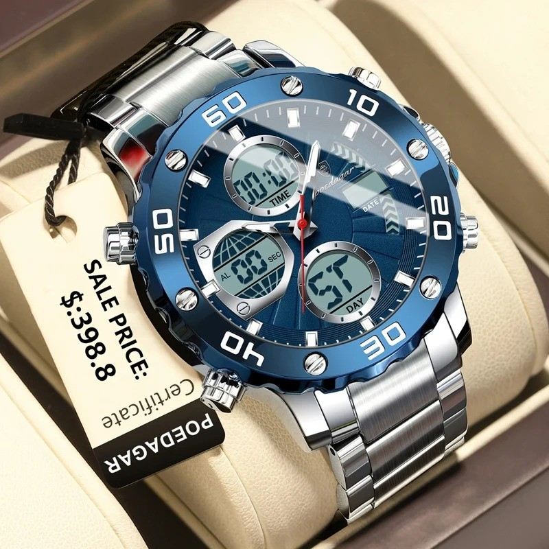 POEDAGAR LED Alarm Dual Time Display Digital Quartz Men Watch