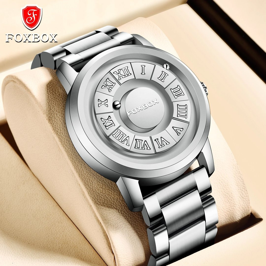 FOXBOX-Silver Men's Quartz Watches with Leather Strap, Top Band, Scroll Beads, Magnetic Force, Waterproof, Fashion Men's Watch