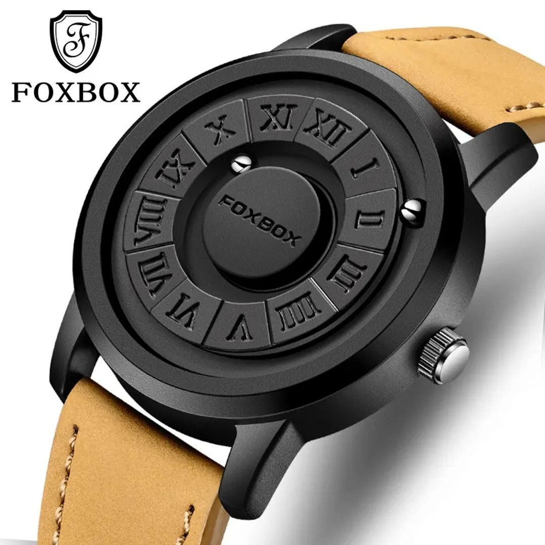 FOXBOX-Men's Magnetic Quartz Wristwatch Creative Scroll Pointer Genuine Leather Watch