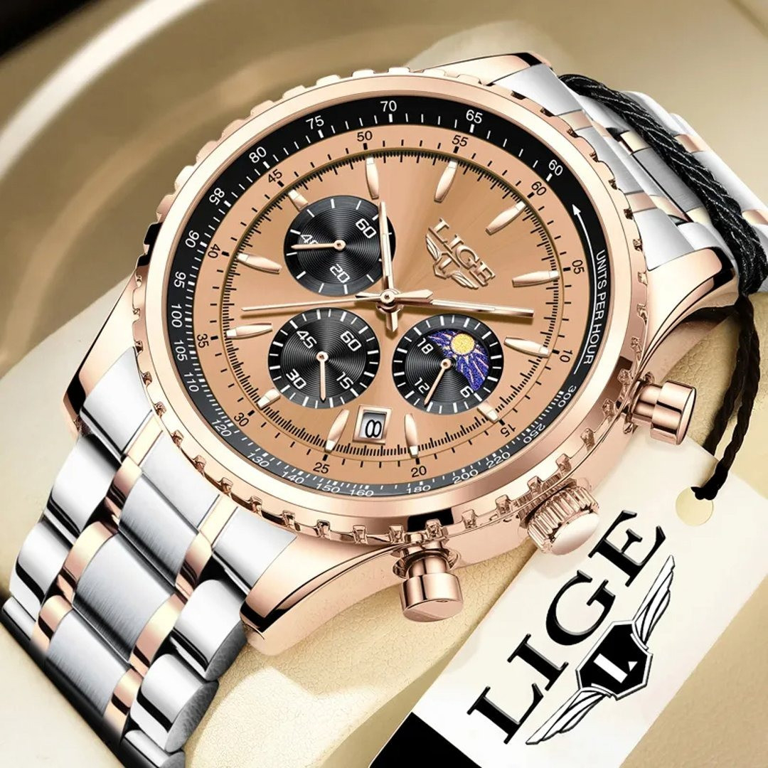 LIGE 8989 Fashion Men Watch Stainless Steel Top Brand Luxury Sport Chronograph Quartz Wrist Watches for Men Relogio Masculino+Box
