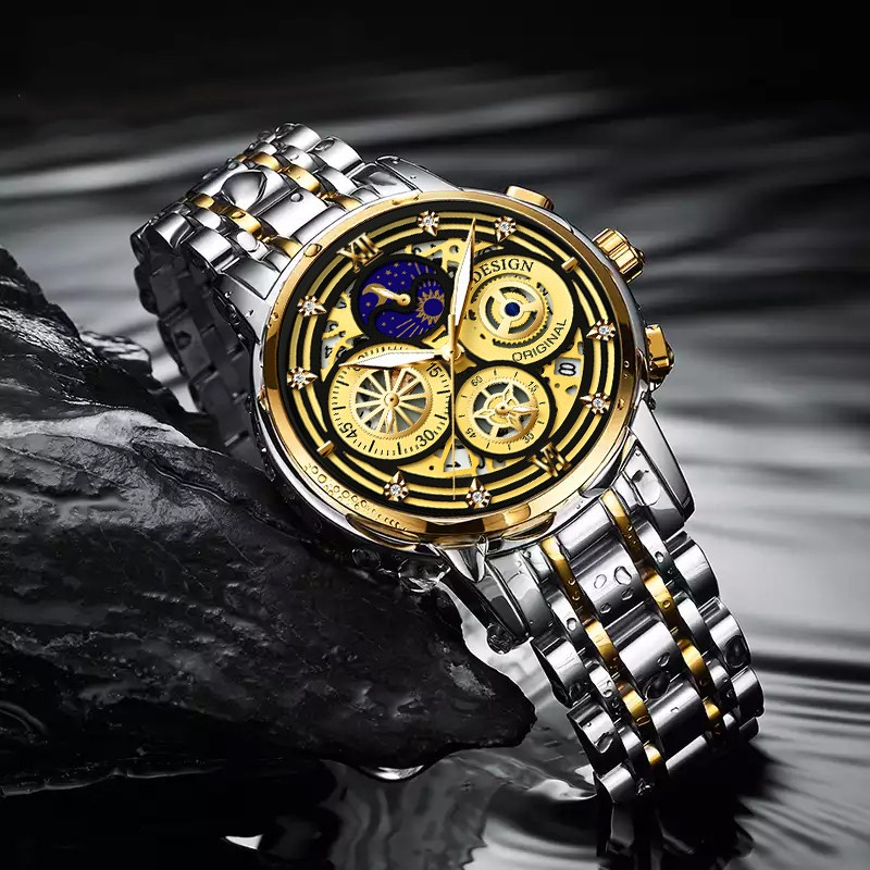 LIGE 8942 Mens Watches Top Brand Luxury Skeleton Quartz Wristwatch Fashion Business Stainless Gold Watch
