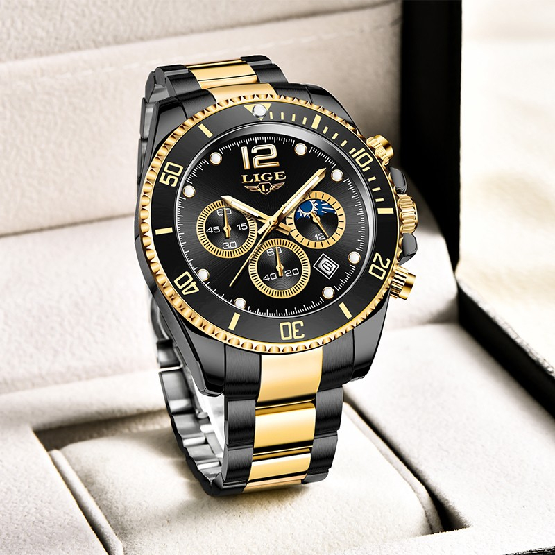 LIGE 8924 Watches Mens Top Brand Luxury Clock Casual Stainless Steel 24Hour Moon Phase Men Watch Sport Waterproof Quartz Chronograph