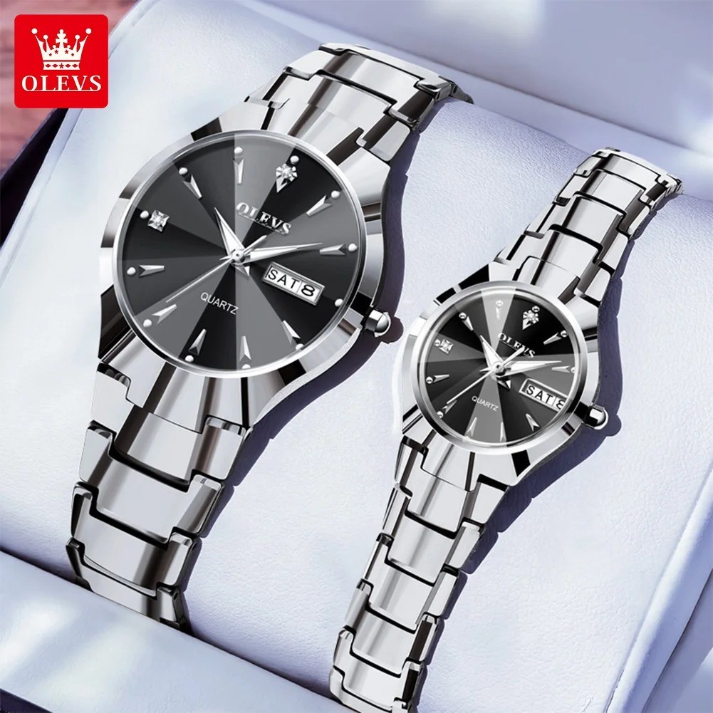 OLEVS 8697 Luxury Quartz Couple Watch – Dual Calendar, Waterproof Silver