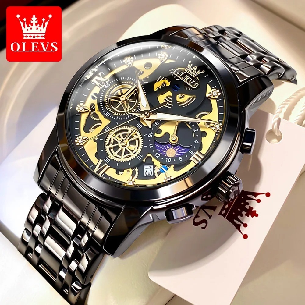 OLEVS 9947 Black Luxury Gold Skeleton Men’s Watch